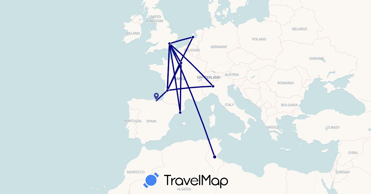 TravelMap itinerary: driving in Spain, France, United Kingdom, Italy, Netherlands, Tunisia (Africa, Europe)